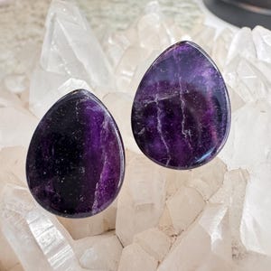 OOAK 3/4&quot; (19mm) Double Flare Fluorite Teardrop Stone Plugs - Gorgeous, Unique One of a Kind Plugs