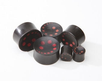 Ebony Wood Plugs with inlayed Red dot spirals - 2g, 0g, 00g, 7/16", 1/2", 9/16",  11/16", 5/8", 3/4", 7/8, 1"
