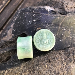 OOAK 7/8&quot; (22mm) Carved Buddha Jadeite Double Flared Stone Plugs - One of a kind listing