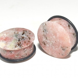 Single Flared Pink Chinese Jasper Stone Plugs - 8g, 6g, 4g, 2g, 0g, 00g, 7/16&quot;, 1/2&quot;, 9/16&quot;, 5/8&quot;, 3/4&quot;, 7/8, 1&quot;