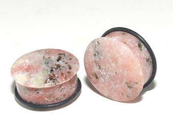 Single Flared Pink Chinese Jasper Stone Plugs - 8g, 6g, 4g, 2g, 0g, 00g, 7/16", 1/2", 9/16", 5/8", 3/4", 7/8, 1"