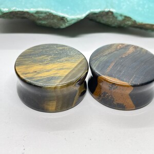 OOAK 1&quot; 25mm - Double Flare Blue Tigers Eye Stone Plugs - One of a Kind Gauges