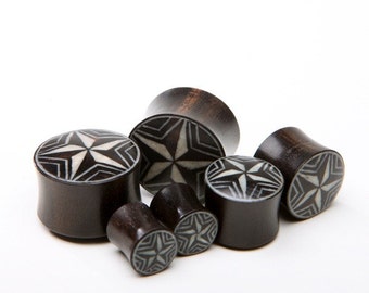 Ebony Wood Plugs Inlayed with Nautical Stars - 2g, 0g, 00g, 7/16", 1/2", 9/16", 5/8", 3/4", 7/8, 1"