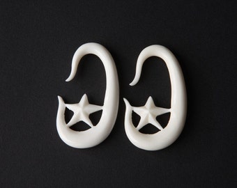 Carved Bone Star Gauged Earrings 2g (6mm),  4g (5mm)