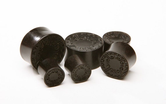 Ebony Wood Plugs with Carved Tribal Pattern - image 2