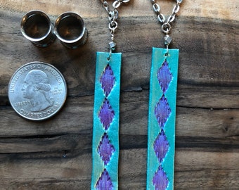Teal Stamped Leather Magnetic Clasp Gauged Earrings by Belladrops - Designed to be worn thru Tunnels size 2g - 1"