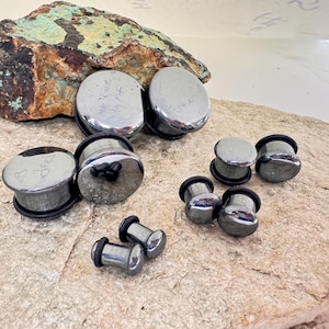 Hematite Stone Plugs | Single Flare Plugs | Single Flared  Plugs | 6g, 4g, 2g, 0g, 00g, 7/16&quot;, 9/16&quot;, 3/4&quot;, 7/8, 1&quot;