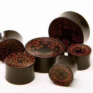 Ebony Wood Plugs with Red Inlayed Tribal Pattern
