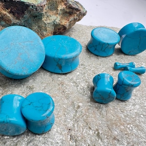 Double Flared Turquoise Plugs | Stone Plugs | Double Flared Plugs | Blue Plugs 8g, 6g, 4g, 2g, 0g, 7/16&quot;, 1/2&quot;, 9/16&quot;, 5/8&quot;, 3/4&quot;, 7/8, 1&quot;