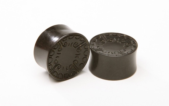 Ebony Wood Plugs with Carved Tribal Pattern - image 1