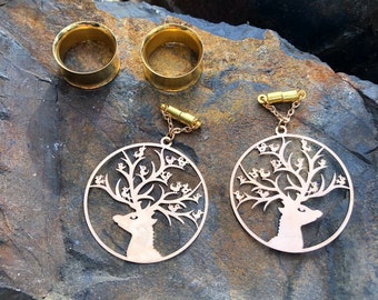 Brass Elk Magnetic Clasp Gauged Earrings  - Designed to be worn thru Tunnels - 2g, 0g, 00g, 7/16", 1/2", 9/16", 5/8", 3/4", 7/8", 1"