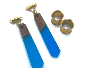 Wood and Blue Resin Ear Hangers Magnetic Clasp Gauged Earrings -  2g, 0g, 00g, 7/16", 1/2", 9/16", 5/8", 3/4", 7/8", 1"