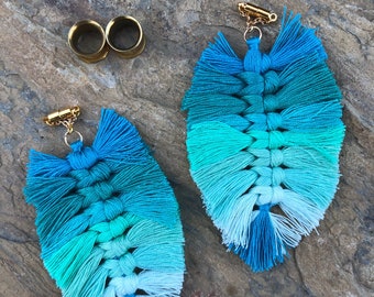 Blue Multi-Colored Tassel Magnetic Clasp Gauged Earrings - Worn Through Tunnels 2g - 1"