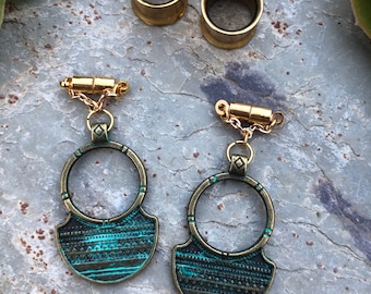 Brass Patina Magnetic Clasp Gauged Earrings - Worn Through Tunnels  2g - 1"