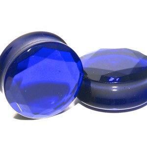 Cobalt Blue Faceted Glass Plugs - 8g, 6g, 4g, 2g, 0g, 00g, 7/16&quot;, 1/2&quot;, 9/16&quot;, 5/8&quot;, 3/4&quot;, 7/8, 1&quot;