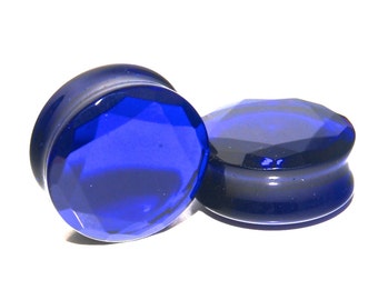 Cobalt Blue Faceted Glass Plugs - 8g, 6g, 4g, 2g, 0g, 00g, 7/16", 1/2", 9/16", 5/8", 3/4", 7/8, 1"