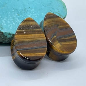 OOAK 7/8&quot; 19mm Tigers Eye Teardrop Double Flared Stone Plugs - One of Kind Gauges