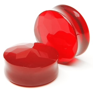 Red Faceted Glass Plug - 4g, 2g, 0g, 00g, 7/16", 1/2", 9/16", 5/8", 3/4", 7/8, 1"