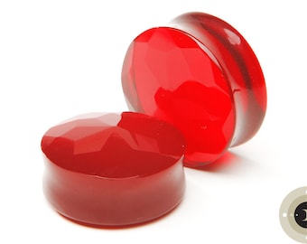 Red Faceted Glass Plug - 4g, 2g, 0g, 00g, 7/16", 1/2", 9/16", 5/8", 3/4", 7/8, 1"