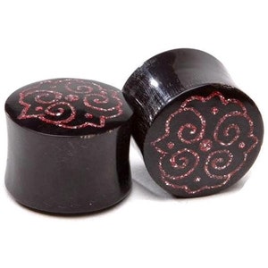 Horn Plugs with Red Glitter Inlay ON SALE - 7/16&quot; (11mm) , 1/2&quot; (13mm), 7/8&quot; (22mm)