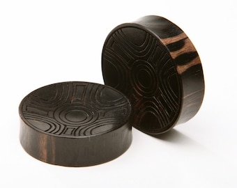 Ebony Wood Plugs with Carved Circle Pattern -