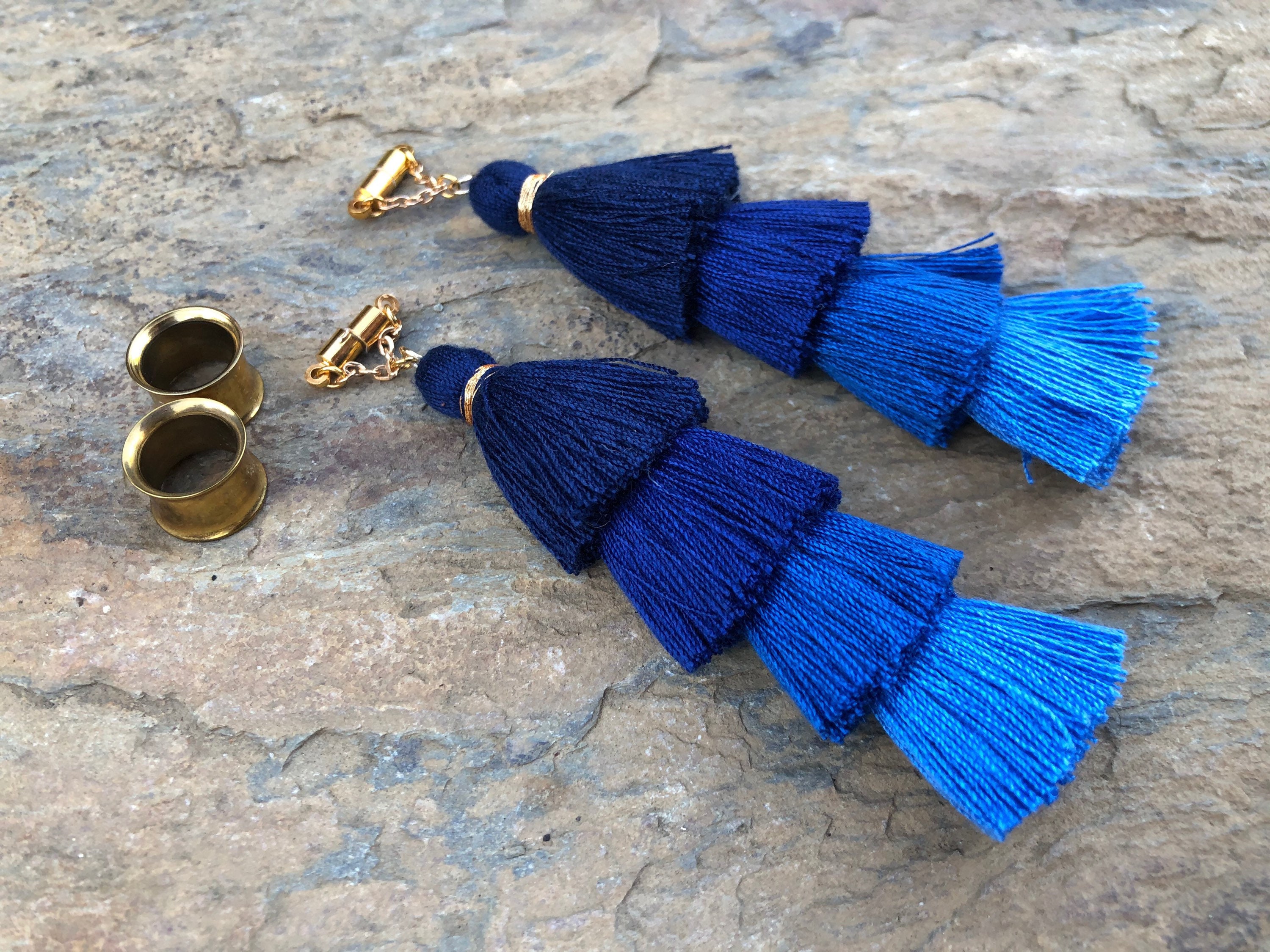 Large Multi Colored Blue Tassel Magnetic Clasp Gauged Earrings | Etsy