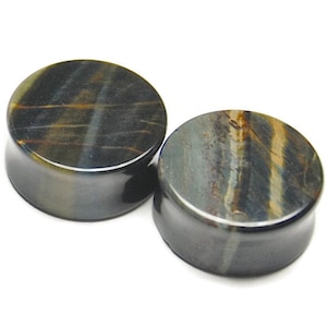Blue Tigers Eye Stone Plugs | Double Flared Stone Plugs | Stone Gauges |  8g, 6g, 4g, 2g, 0g, 00g, 7/16&quot;, 1/2&quot;, 9/16&quot;, 5/8&quot;, 7/8, 1&quot;