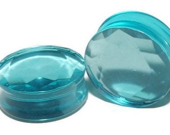 Aquamarine Faceted Glass Plugs -  4g, 2g, 0g, 00g, 7/16", 1/2", 9/16", 5/8", 3/4", 7/8, 1"
