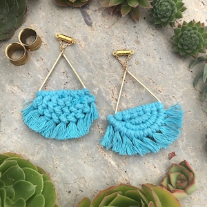 Blue Macrame Tassel Magnetic Clasp Gauged Earrings 2g, 0g, 00g, 7/16&quot;, 1/2&quot;, 9/16&quot;, 5/8&quot;, 3/4&quot;, 7/8&quot;, 1&quot;