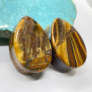 OOAK7/8&quot; 19mm - Double Flare Teardrop Tiger Iron Stone Plugs - One of a Kind Gauges