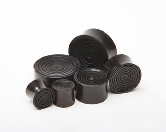 Ebony Wood Plugs with Carved Concentric Circles