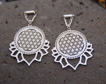 Lotus and Flower of Life Sacred Geometry Magnetic Clasp Gauged Earrings -  Sizes 0g - 1"