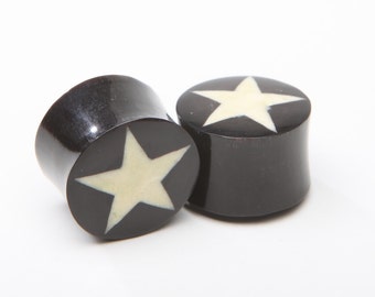 Horn Plugs with Bone Star Inlay - ON SALE 8g, 6g, 4g, 2g, 0g, 00g, 7/16", 1/2", 9/16", 5/8", 11/16, 3/4", 7/8,