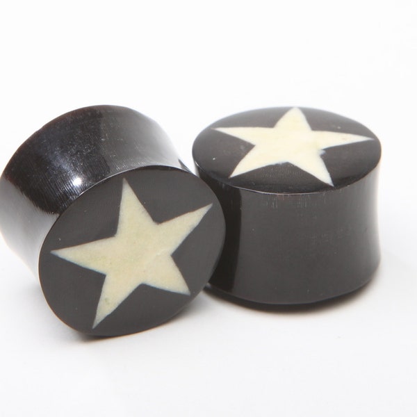 Horn Plugs with Bone Star Inlay - ON SALE 8g, 6g, 4g, 2g, 0g, 00g, 7/16", 1/2", 9/16", 5/8", 11/16, 3/4", 7/8,