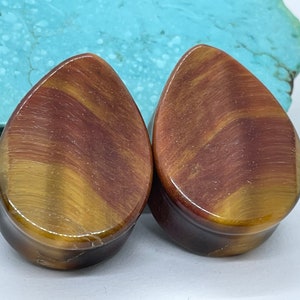 OOAK 1&quot; 25mm Red Tigers Eye Teardrop Double Flared Stone Plugs - One of Kind Gauges