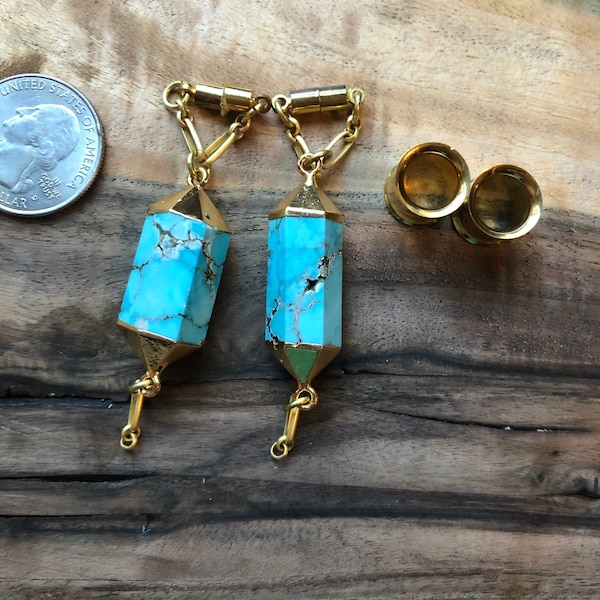 Turquoise Magnetic Clasp Earrings Electroformed with 14kt Gold - Designed to be worn through Tunnels size 0g - 1"