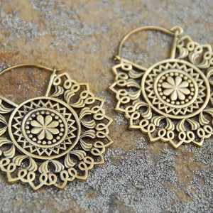 Brass Mandala Earrings | Boho Earrings | Belly Dancing Hoops | Ethnic Earrings | Hoops Through Tunnels