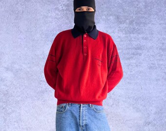 Jersey polo vintage de punto de lana Carlo Colucci: corte cuadrado, talla M/L