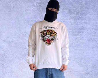 Sudadera blanca de algodón Ed Hardy para hombre, talla L