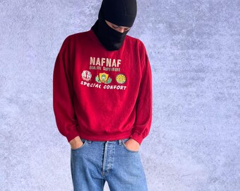 Sudadera vintage de los 80 de NafNaf, roja, de algodón, con bordado, para hombre, talla S-M.