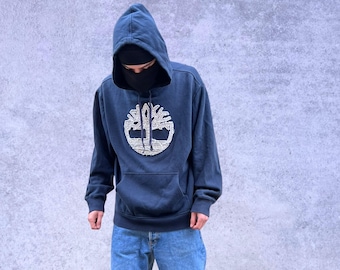 Sudadera vintage Timberland azul oscuro con logo bordado grande para hombre, talla L
