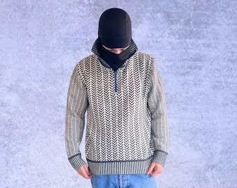 Suéter Hugo Boss de lana virgen con media cremallera y diseño de espiga: punto blanco y negro, talla M/L