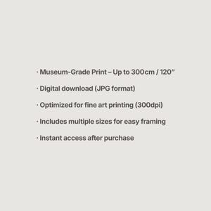 Puede incluir: Descripci&oacute;n de un producto digital sobre un fondo claro. El texto incluye "Impresi&oacute;n de calidad de museo - Hasta 300cm", "Descarga digital (formato JPG)", "Optimizado para impresi&oacute;n de bellas artes (300 ppp)", "Incluye m&uacute;ltiples tama&ntilde;os para un f&aacute;cil enmarcado" y "Acceso instant&aacute;neo despu&eacute;s de la compra".