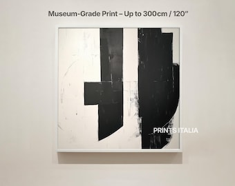 May include: Abstract black and white artwork in a white frame. The artwork features bold, geometric shapes and brushstrokes. The text "Museum-Grade Print - Up to 120" is at the top, and "PRINTS ITALIA" is at the bottom right.