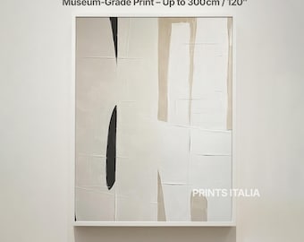 Puede incluir: Impresión artística abstracta en un marco blanco. La obra presenta un diseño minimalista con formas negras, beige y blancas. El texto "Museum-Grade Print - Up to 300cm" es visible en la parte superior. La obra es de PRINTS ITALIA.