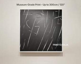 May include: Square framed abstract art print with white lines and shapes on a black background. The print is labeled "Museum-Grade Print - Up to 120" and "PRINTS ITALIA". The artwork is mounted on a white frame.