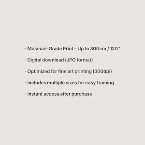Puede incluir: Anuncio de impresi&oacute;n de arte digital sobre fondo beige claro. El texto incluye: Impresi&oacute;n de calidad de museo - Hasta 300 cm, Descarga digital (formato JPG), Optimizado para impresi&oacute;n de bellas artes (300 ppp), Incluye m&uacute;ltiples tama&ntilde;os para un f&aacute;cil enmarcado.