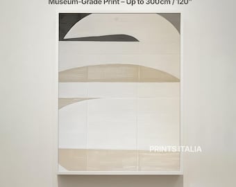 Puede incluir: Impresión artística abstracta en un marco blanco. La obra presenta formas geométricas en blanco, beige y gris. El texto "Museum-Grade Print - Up to 300cm / 120" está en la parte superior. La impresión es una pieza moderna para la decoración del hogar.