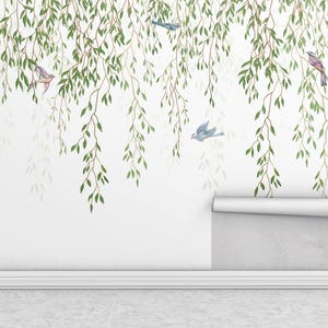 Willow Leaves Wall Mural, Hanging Vines and Birds Wallpaper, Botanical Nature Theme, Green White Minimal, Peel & Stick or Fabric Mural