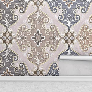 Ornate Pattern Wallpaper, Elegant Floral Wall Mural, Beige Grey Gold Design, Baroque Luxury Style, Bedroom Accent Wall, Peel and Stick Decor